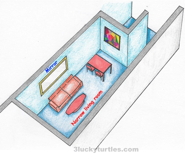 Illustration of a mirror in a living room with narrow space. Image for post Illustration of a mirror in a living room with narrow space.