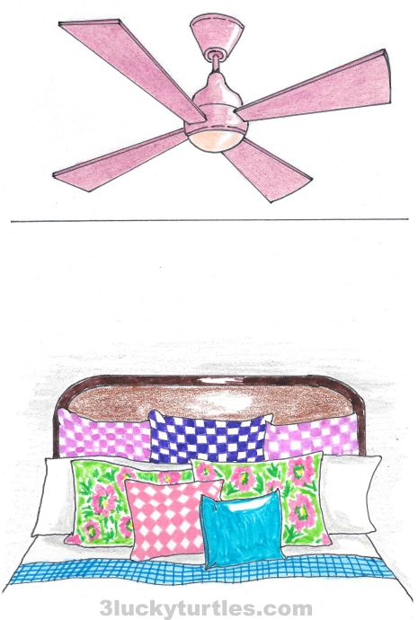 An illustration of a bed under multiple exposed beams at the ceiling. Image for post An illustration of a bed under multiple exposed beams at the ceiling.