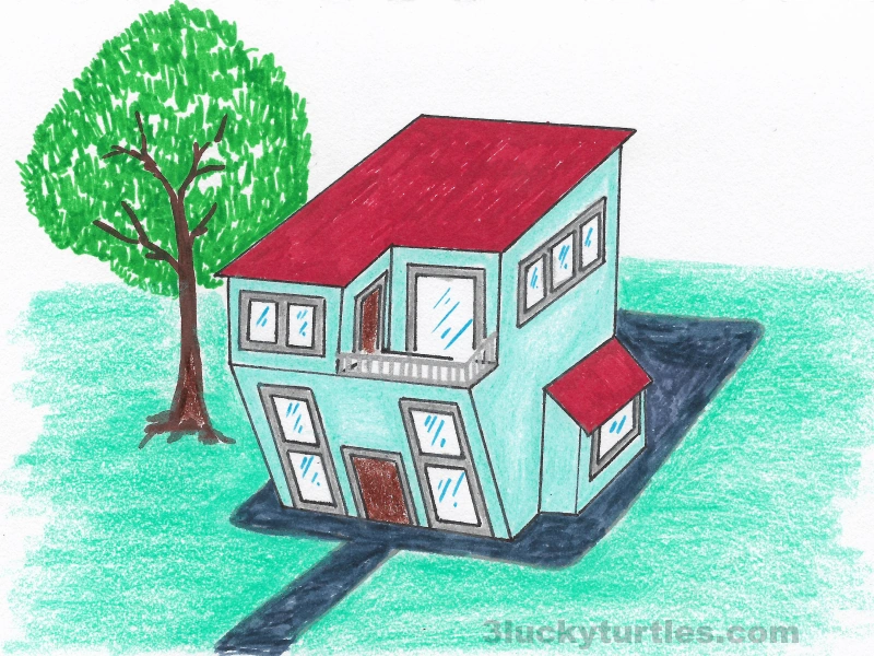 Illustration of a house with a tilting design. Image for post Illustration of a house with a tilting design.