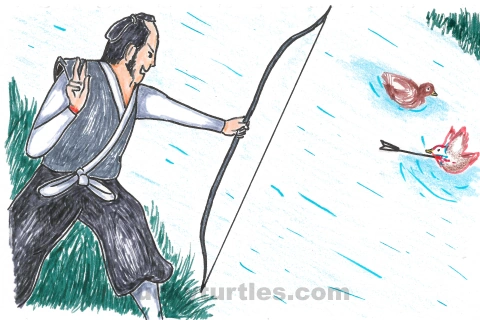 Image for post An illustration of Sonjō killing a mandarin duck with an arrow at the riverside.