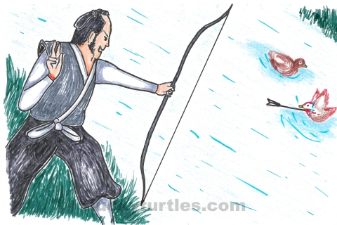 An illustration of Sonjō killing a mandarin duck with an arrow at the riverside. Image for post An illustration of Sonjō killing a mandarin duck with an arrow at the riverside.