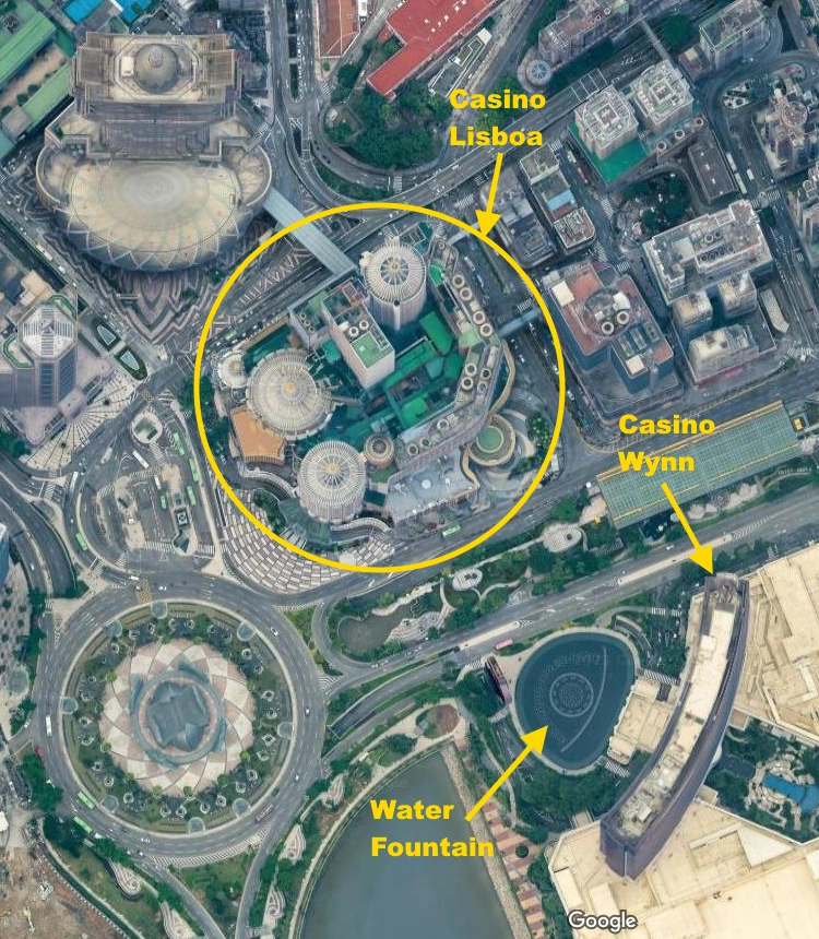 Image for post Satellite view of Casino Wynn and Casino Lisboa in Macau, China, using Google Maps.