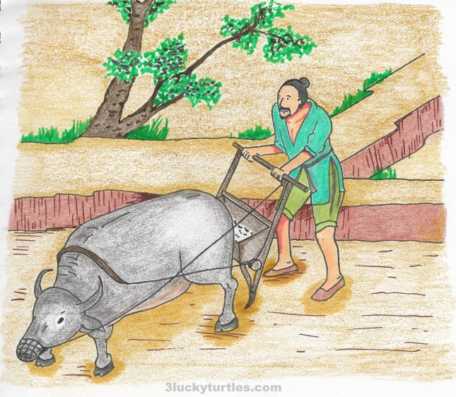 Illustration of a peasant farmer using an ox-pulled plow to plow his field. Image for post Illustration of a peasant farmer using an ox-pulled plow to plow his field.